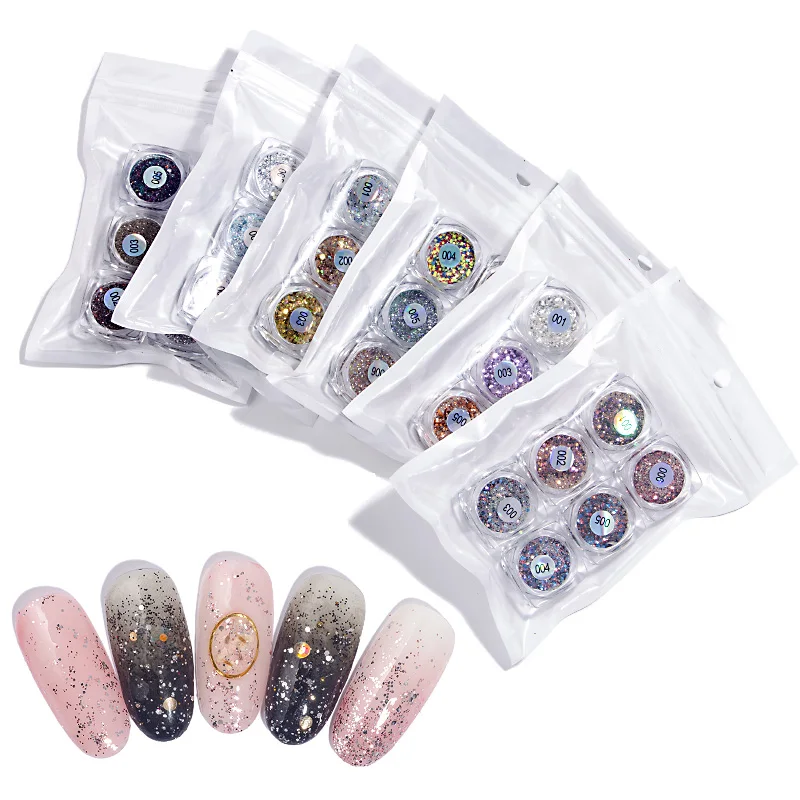 6 коробок/Набор для дизайна ногтей Блестящий Порошок блестки набор 3D лазерный
