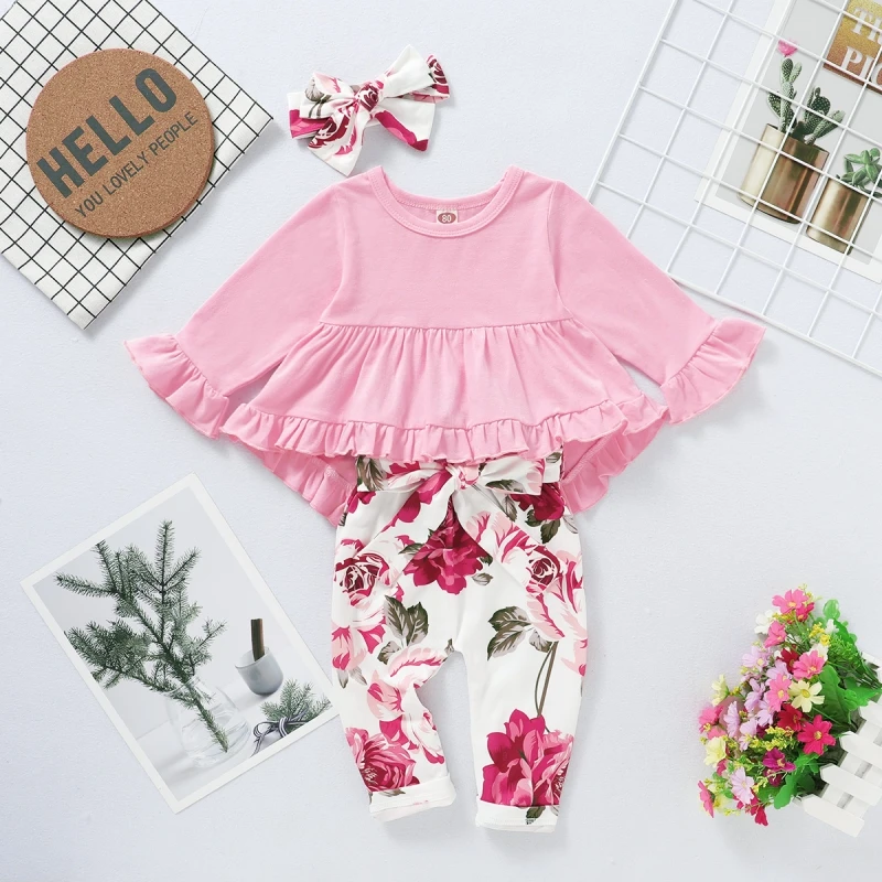 

Girls Spring Suits Explosive Ruffled Multicolor Tops Flower Print Hairband Three-piece Set Grls Floral Trousers Suits For Kids