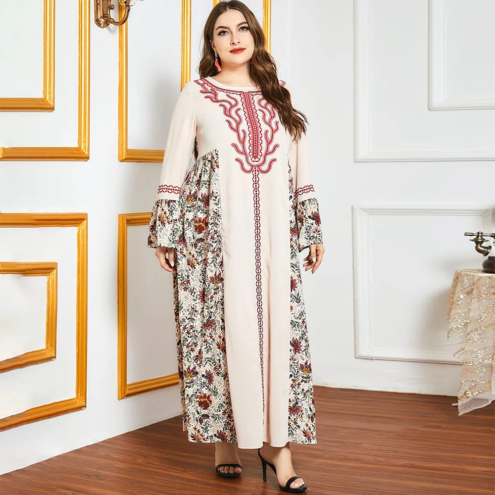 

Fridayin Women's Long Comfortable Embroidered Edges Long Sleeve Kaftan Dress Plus Size Cover Up Muslim Robe
