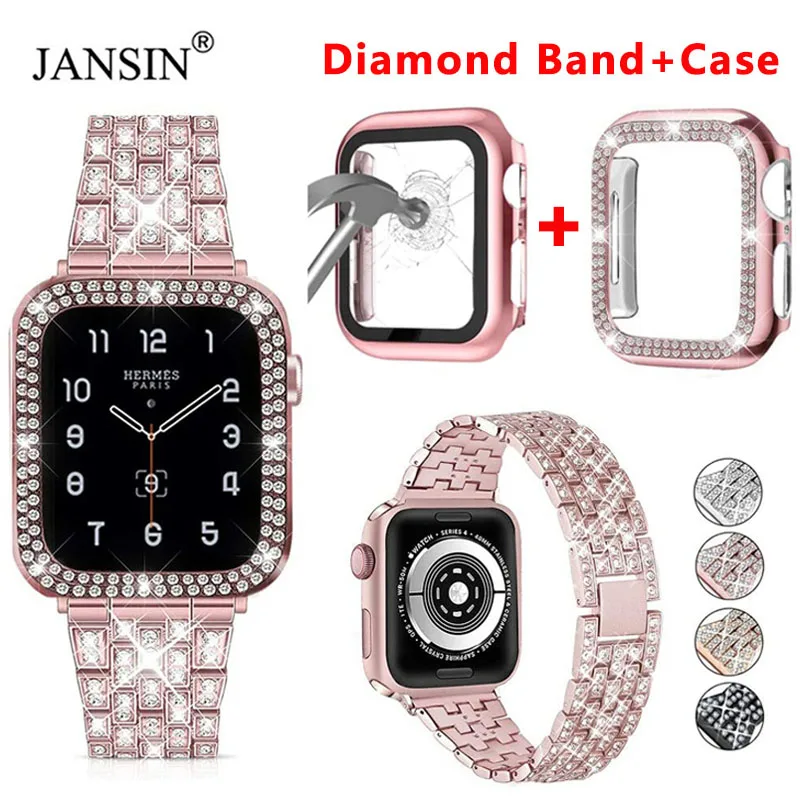 

Bands For Apple Watch Band 38mm 42mm 44mm 40mm Women Diamond Strap+Case+Glass Screen Protector Cover For iWatch SE Series 6 5 4