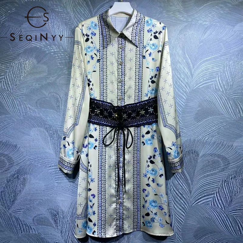 

SEQINYY Casual Shirt Dress Summer Spring New Fashion Design Women Runway Blue Flowers Print Vintage Crystal Belt Mini