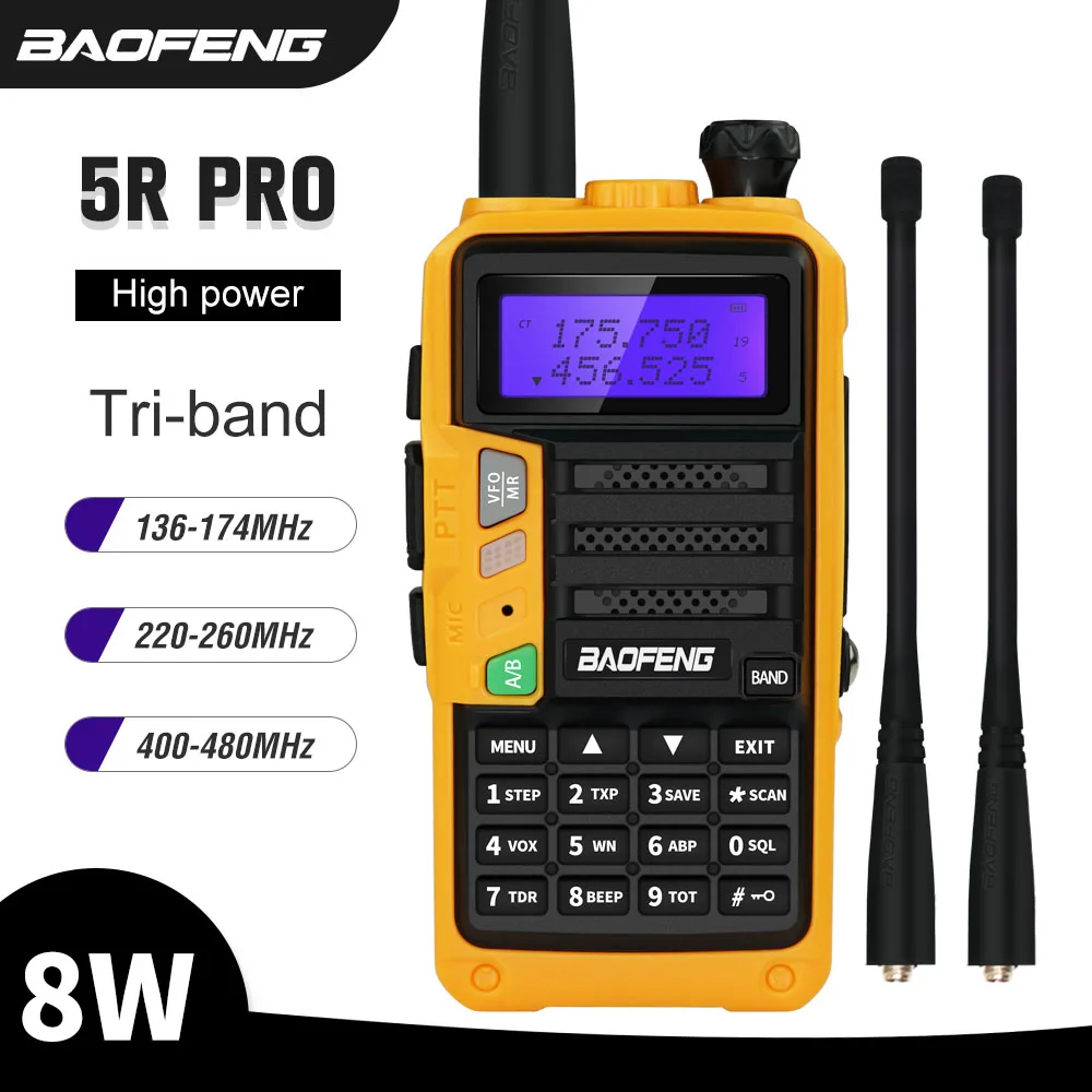 BaoFeng трехдиапазонное UV 5R Pro иди и болтай Walkie Talkie 8 Вт двухстороннее радио 220 260 МГц HF