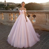 elegant pink ball gown wedding dress sweetheart off shoulder straps glitter tulle bridal dress lace appliques brides dress 2021