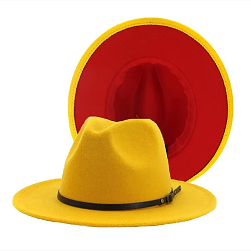 

YELLOW/RED Simple Church Derby Top Hat Panama Wide Brim Belt Buckle Felt Fedoras Hat for Men Women artificial wool Blend Jazz