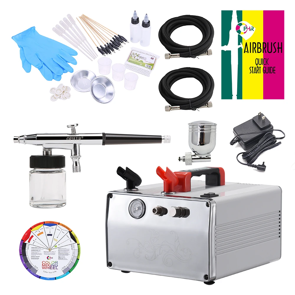 OPHIR 0.3mm Dual-Action Airbrush Gravity Paint Gun DC 12V Air Compressor Kit & Color Wheel & Accessories Set for Car Painting