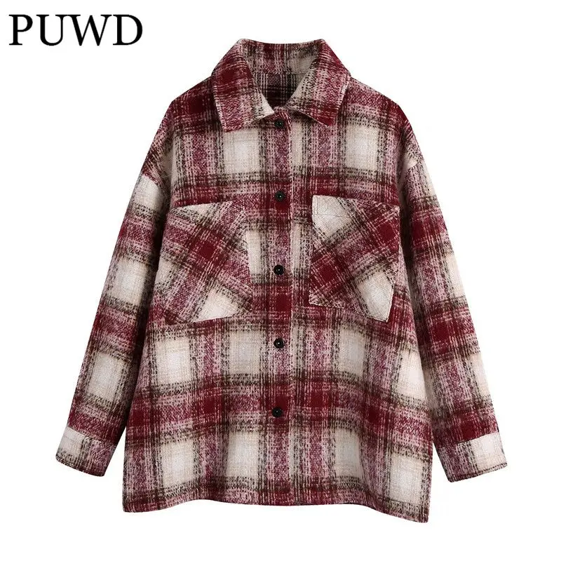 

PUWD Casual Women Turn-down Collar Jacket 2021 Autumn Fashion Ladies Straight Streetwear Coat Female Plaid Shirt Jacket Top