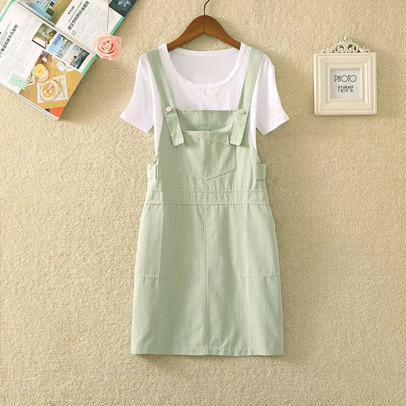 

2021 Summer New Women's Solid Color Fashion T Shirt Tops + Strap Sweet Mini Dress Two Pieces Set Female Korean Loose Suit Q79