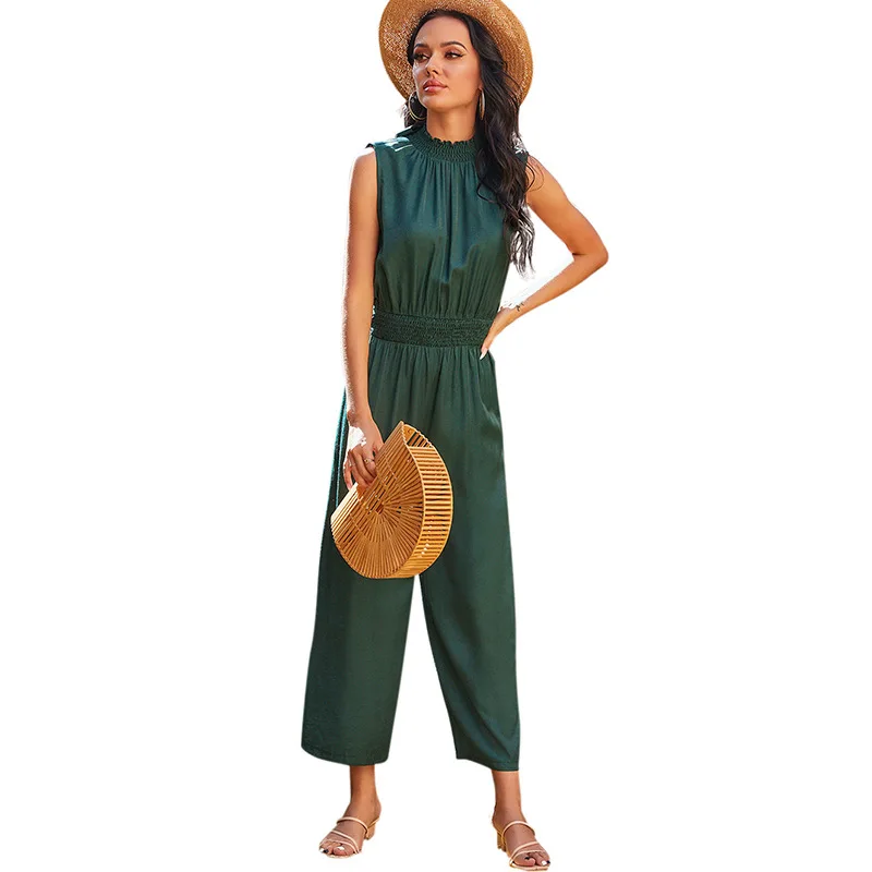 

2021 Spring New Women's Casual Vacation Back Waist Ink Green Sleeveless Jumpsuit Girl