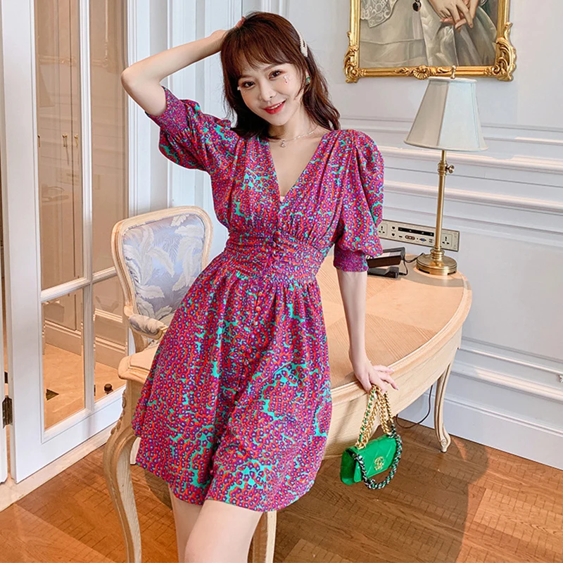 

Fashion Summer Korean Lantern Sleeve Mini Party Dress Ladies Elegant Streetwear Casual Single Breasted Floral Beach Short Dress