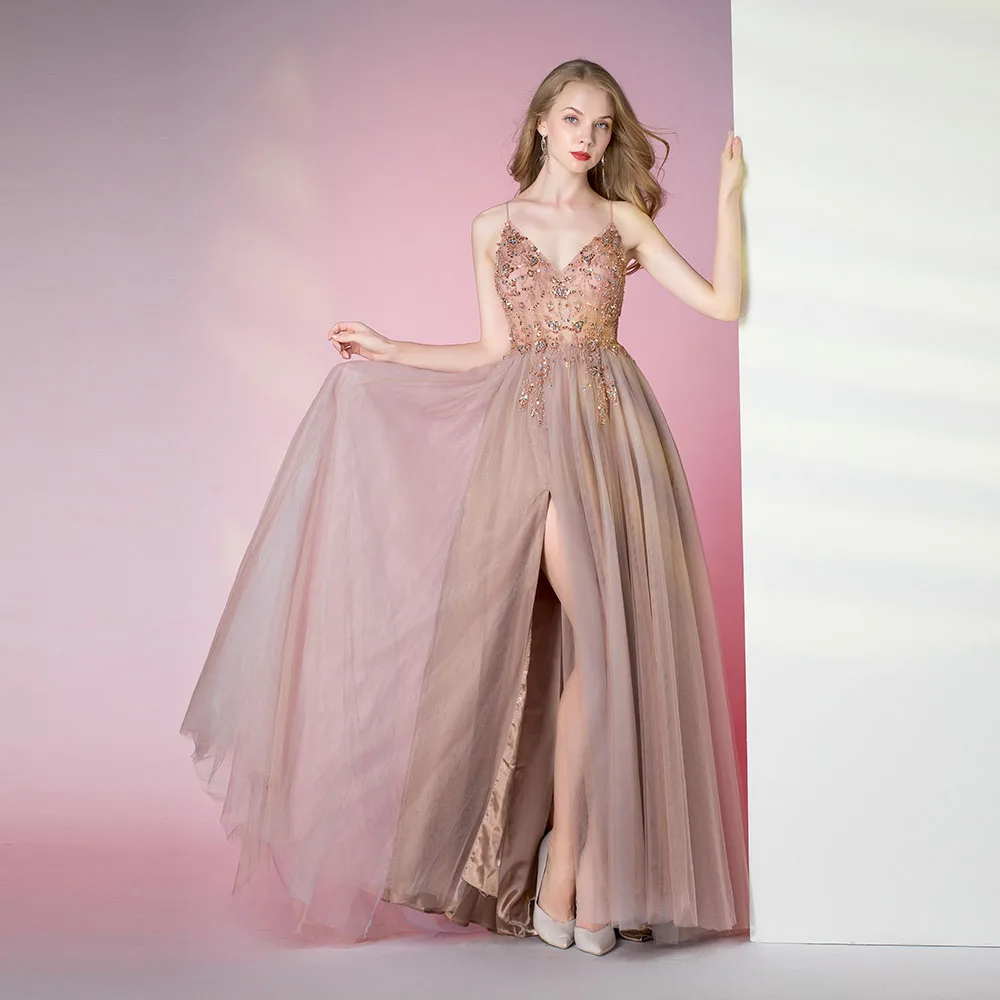 

Elegant Pink Beaded Long Prom Dresses 2020 See Through A Line Split Tulle Straps Spaghetti Evening Gown