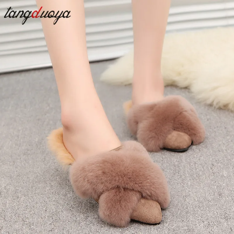 Меховые женские тапочки Новинка 2019 года туфли без задника на плоской подошве