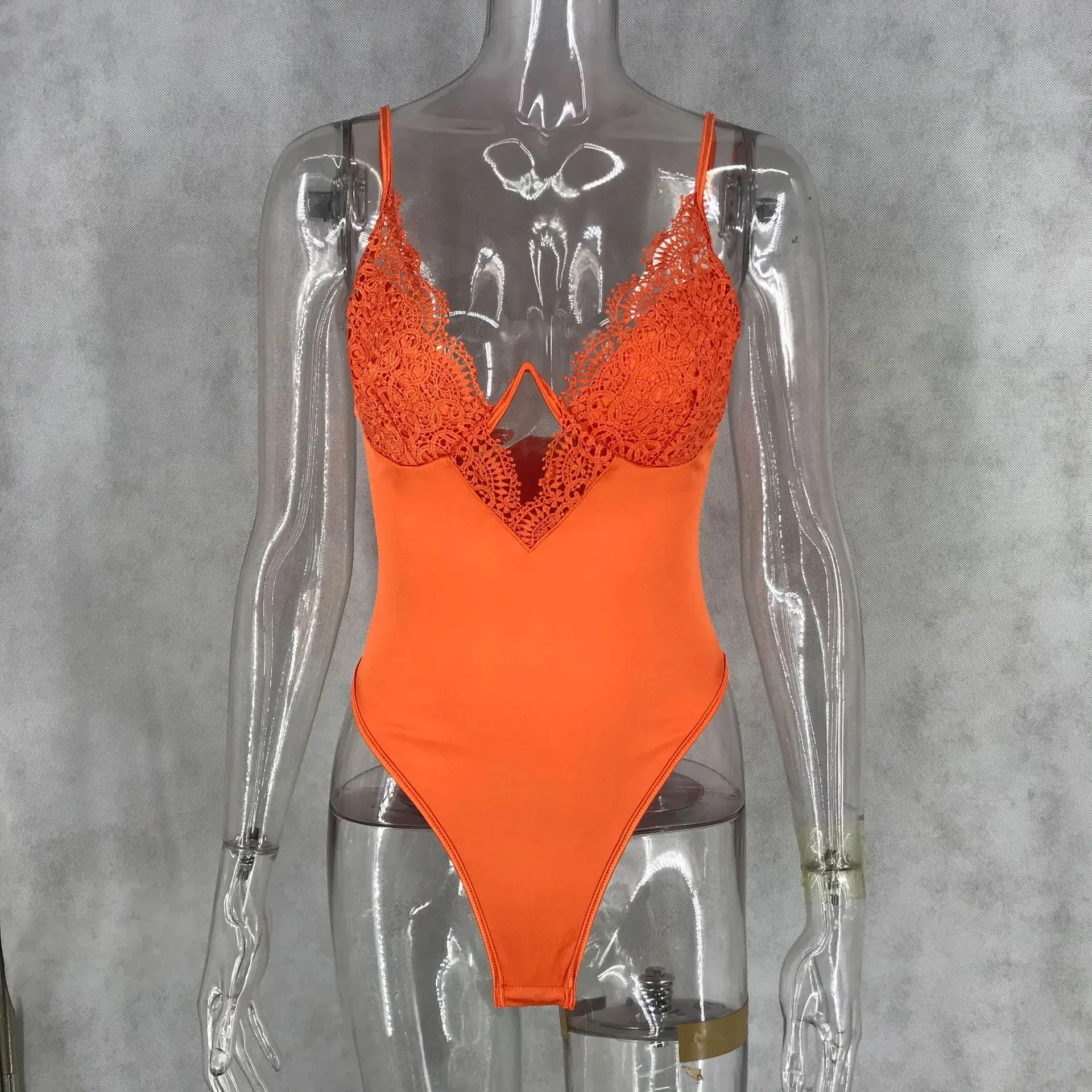 

Women Bodysuit 2021 Deep V Neck Lace Patchwork Sexy Sling Sleeveless Jumpsuit Leotard Overalls Party Clubwear One Piece