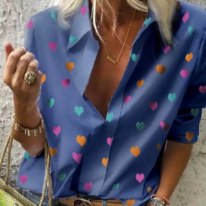 heart blue Весенняя женская блузка для отдыха, топы, женские офисные блузки с цепным принтом, женские стильные блузки с длинным рукавом, женские 5XL - Цвет: heart blue