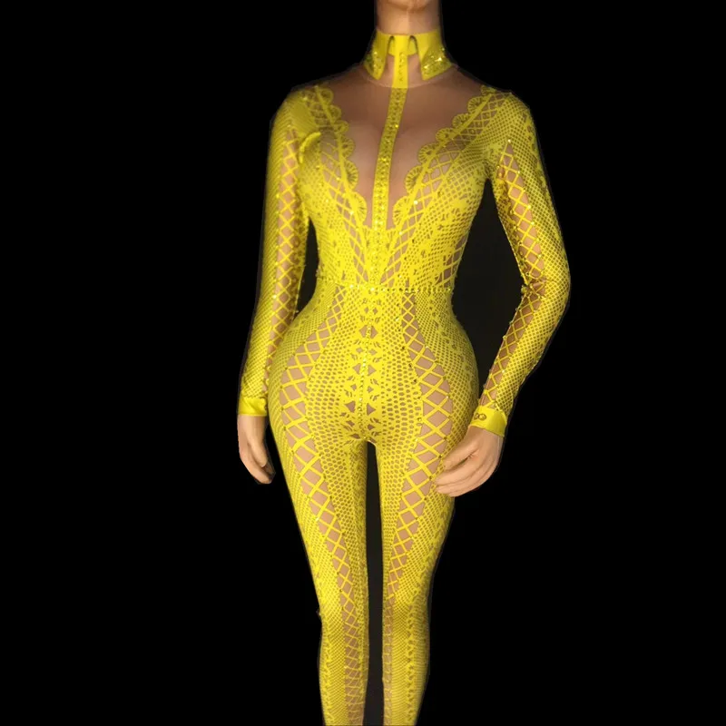 

Women Lace Jumpsuits Leotard Nightclub Stage Performance Costumes Women Reticulate Pattern Long Sleeves Sequins Catsuits Modern