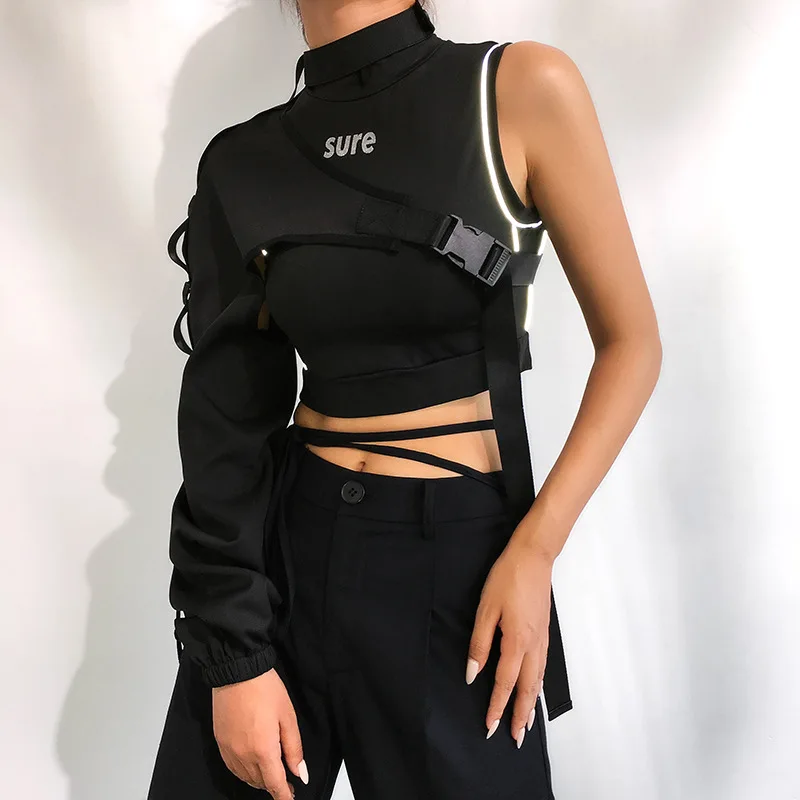 Autumn Reflective Jacket Women One Shoulder Long Sleeve Streetwear Clothes Cropped Outerwear 2021 Dropshipping Free Shiping | Женская