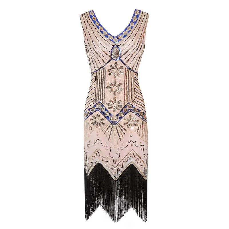 Pink Dress Винтажное женское платье 1920s Gastby со сплошным расшитым блестками Сетчатое платье в стиле модерн украшенное бахромой платье размера плюс черный/зеленый/белый/золотой - Цвет: Pink Dress