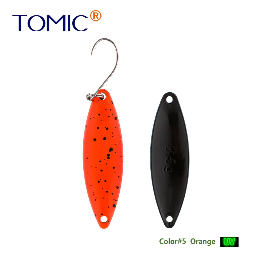 Tomic 1 шт. 1,6 г 2,7 г 3,5 г микро узкие латунные металлические ложки УФ сверкающие цвета окунь форель области один крючок рыболовные приманки Pesca - Цвет: orange
