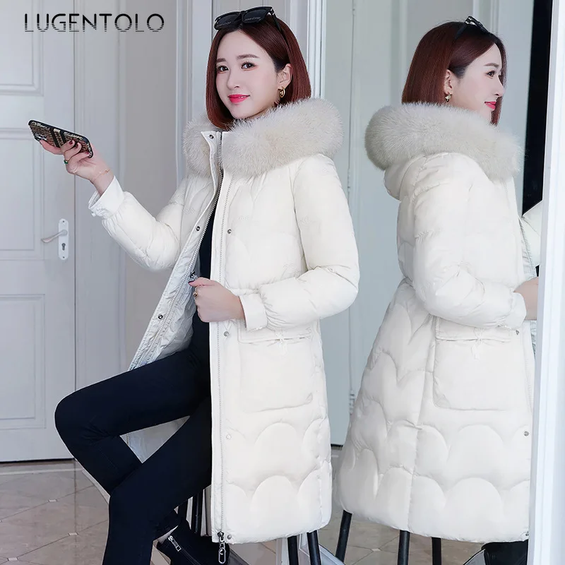 

Hooded Parkas women large sizeThicken warm winter solid puffer jacket Fur collar slim female casual midi long coat Lugentolo