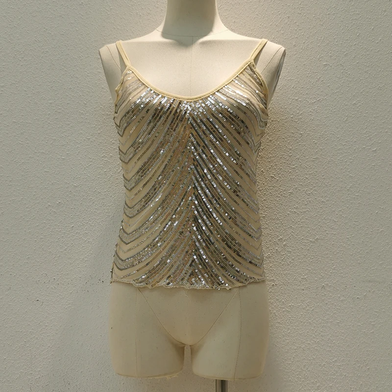 

H80&S90 New Stylish Women Sexy Sheath Tank Tops Straps Sequin Beaded Pullover Top Blouse Female Embroidery Vest Vestidos Mujeres