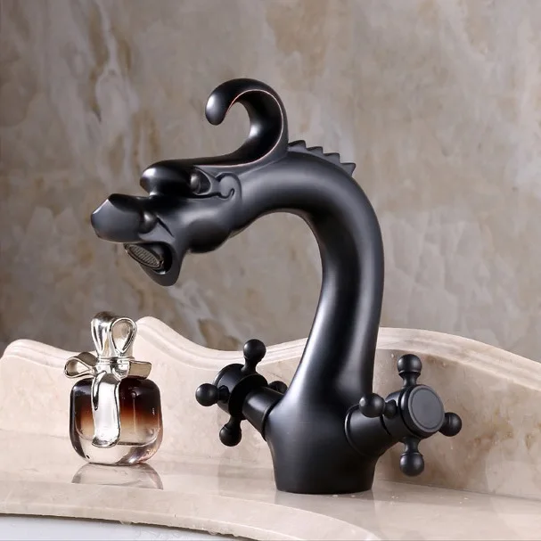 Смеситель для раковины в ванную комнату с двумя ручками черного цвета из