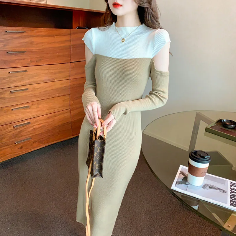 

Autumn French Vintage Knitted Dress One-Piece Ladies Fashion Off-The-Shoulder Long-Sleeved Base Knitted Dress Midi Sweater Dress