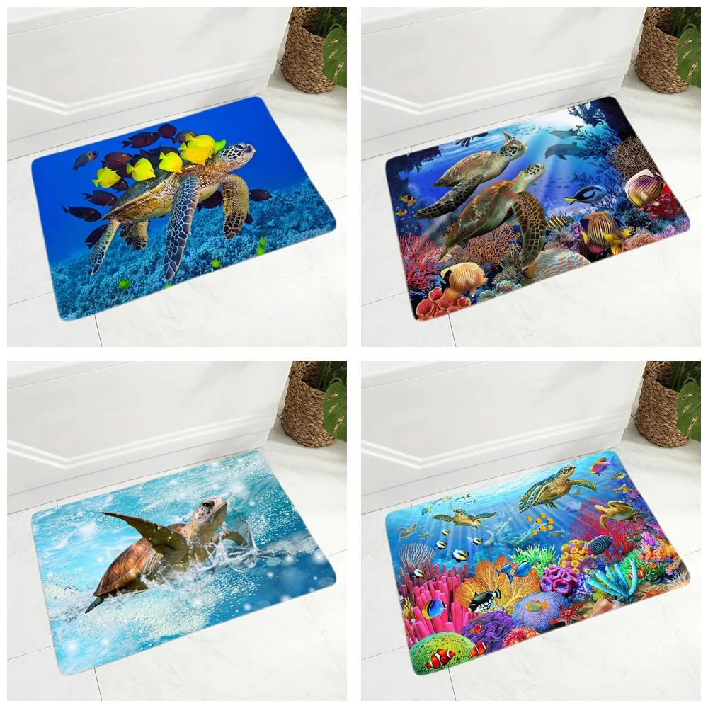 

Colorful Underwater World Sea Turtle Floor Door Mat for Hallway Kitchen Room Decor Animal Doormat Non-Slip Soft Flannel Rug