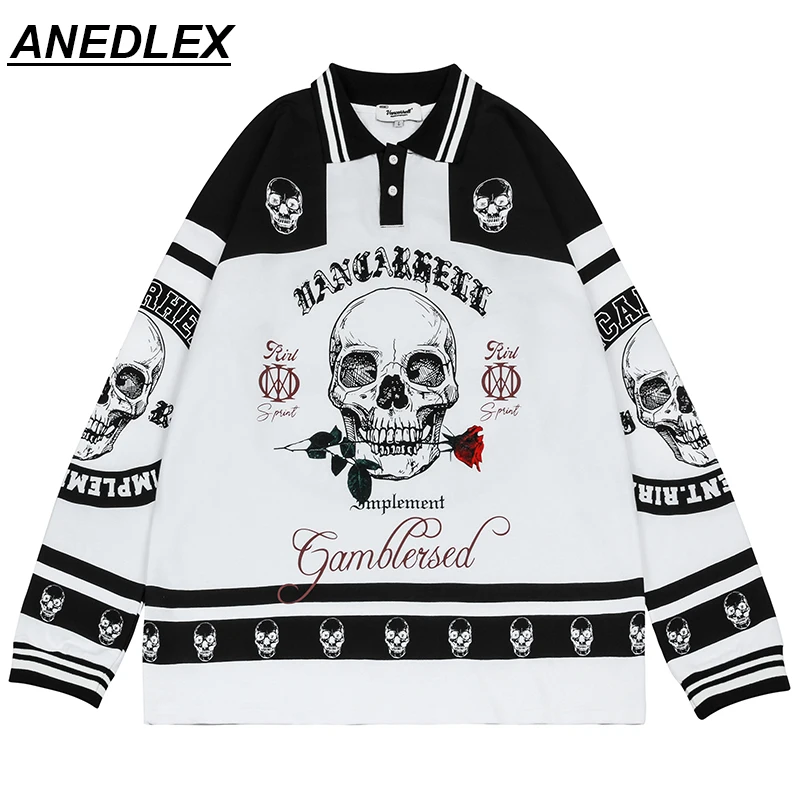 

2022 Men Oversize Polo T-Shirt Hip Hop Streetwear Skull Rose Letter Printed Polo Shirt Harajuku Cotton Long Sleeve Gothic Hoodie