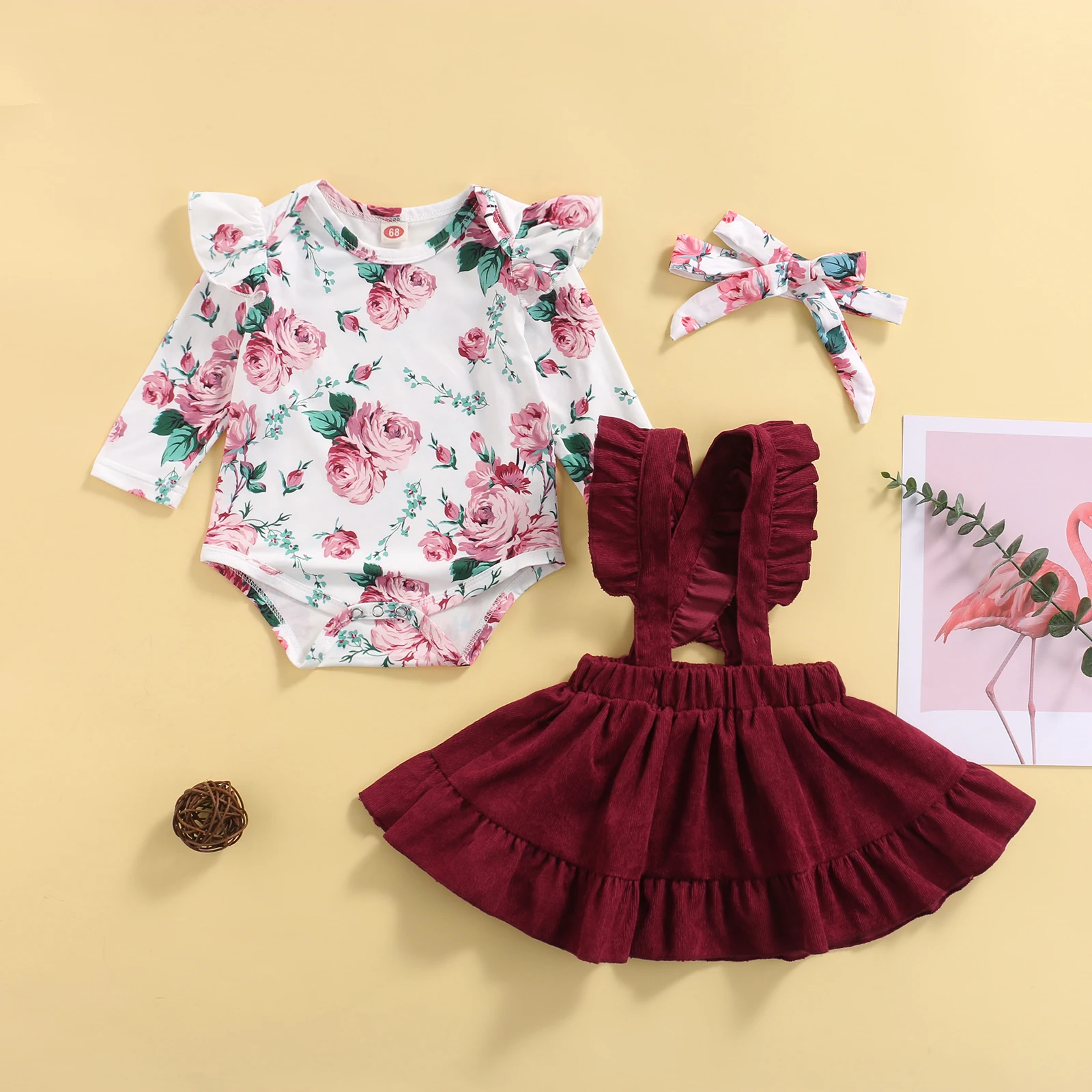 

3Pcs Baby's Set Floral Printed Long Sleeve Romper Solid Color Suspender Skirt Headdress Toddler Girls Spring Fall Clothing 3M-3T