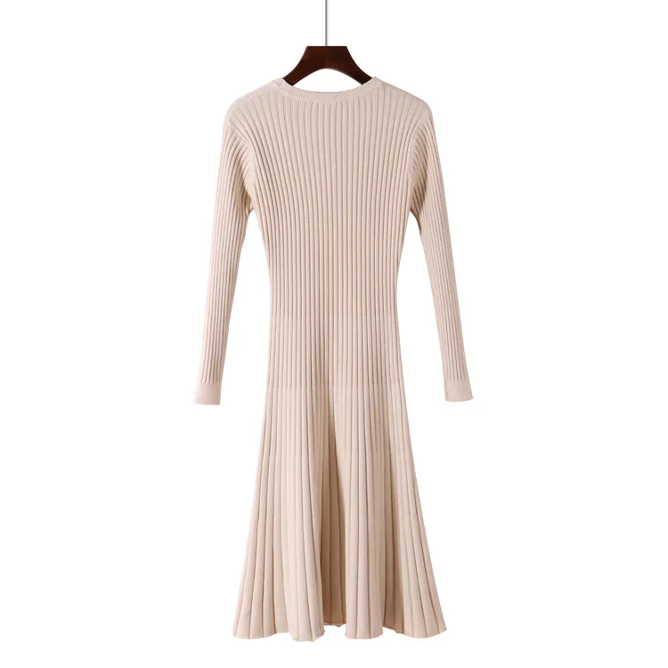 

Autumn Winter Women Sweater Dress Mid-Calf Long Chic Female Dresses A-Line Soft Rib Knitted dresses