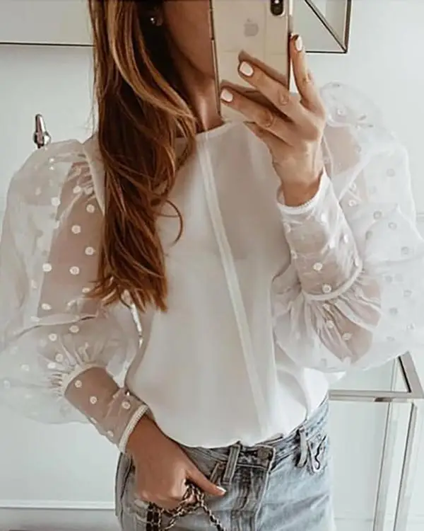 

See-through Women Mesh Sheer Blouse Top Shirts o-neck Lace Puff Sleeve Tops Woman Summer Casual Blouses Female