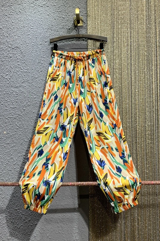 

Vintage Print High Elastic Waist Thin Style Long Sun-protection Pants Women Loose Large Size Straight Ankle Tied Harem Pants