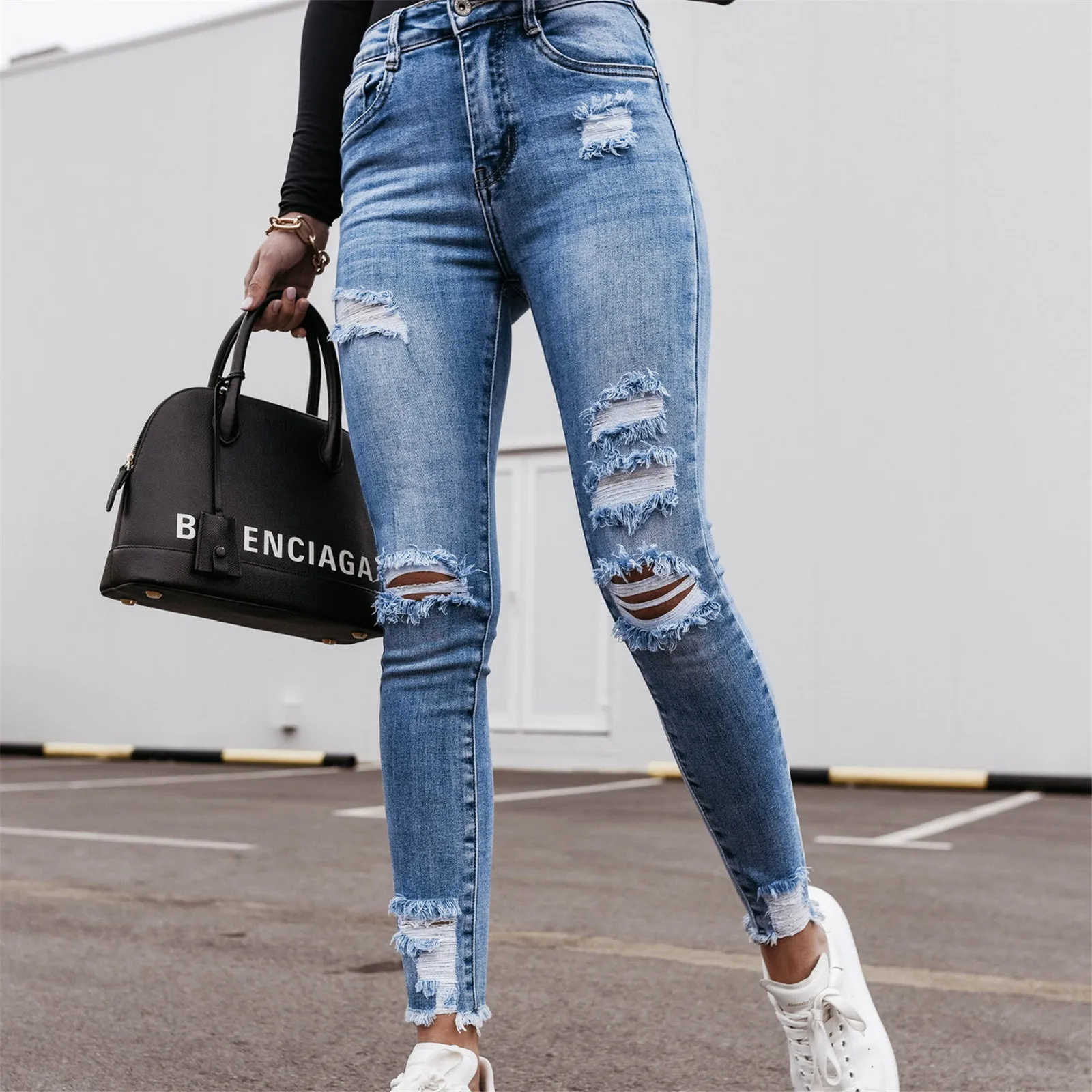 

Women Denim Skinny Trousers Ripped Jeans For Women Hole Vintage Pencil Pants High Elasticity Stretch Slim Denim Pants#f35