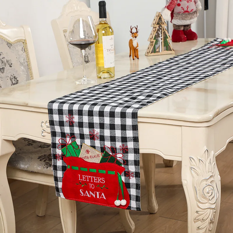 

1 Pc New Christmas Ornaments Christmas Table Runner Christmas Applique Embroidered Plaid Table Runner Home Table Decorations