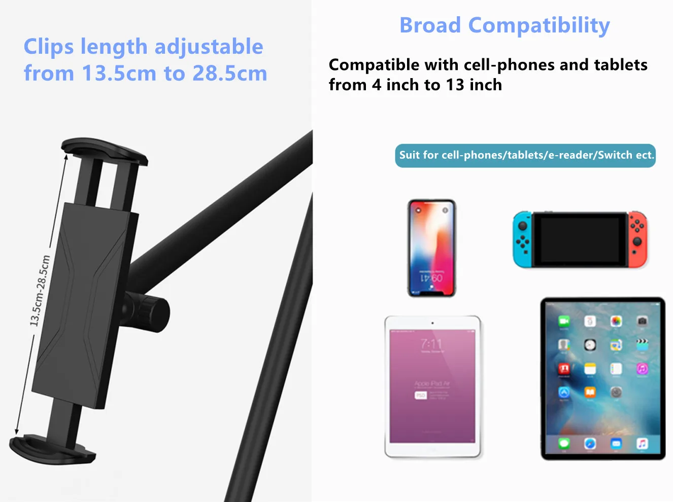 Long Arm Tablet Stand Adjustable Aluminum Phone Holder Loading Up to 3KG Desk/Bed Bracket for iPhone iPad Pro 4-12.9‘’ |