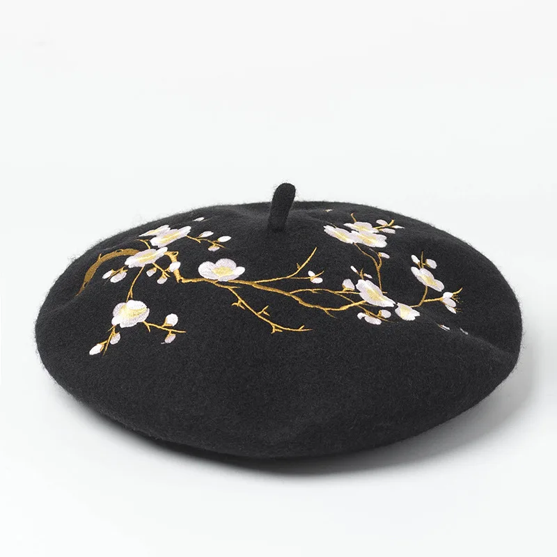 

Embroidered Flower Wool Beret Korean Autumn Winter Hats For Women Ladies Painter Cap Vintage Bonnet Beanie Chapeau Femme Gorras