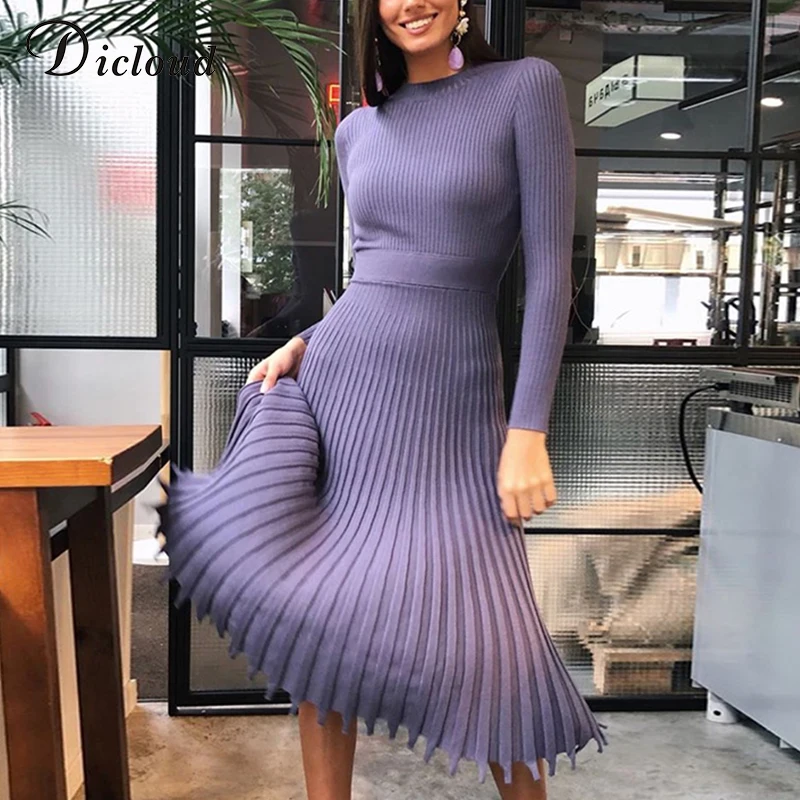 DICLOUD элегантное Плиссированное длинное платье свитер для женщин теплое с длинным