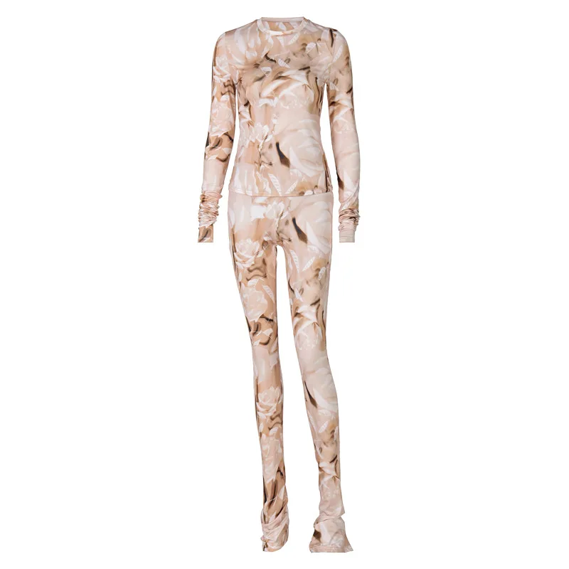 

Europe and The United States New Women's Fashion Printing Round Collar Jacket Ffitted Pants Suit