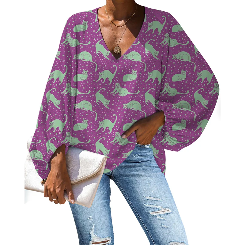 NOISYDESIGNS Women Summer Long-sleeve Blouses V-neck Sexy Cats Animals Printing Ladies Tops Plus Size Loose Shirts Mujer Ropa | Женская