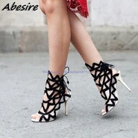 new hollow black sandals lace up thin high heel women sandal boots peep toe solid summer shoes for women stilettos zapatos mujer