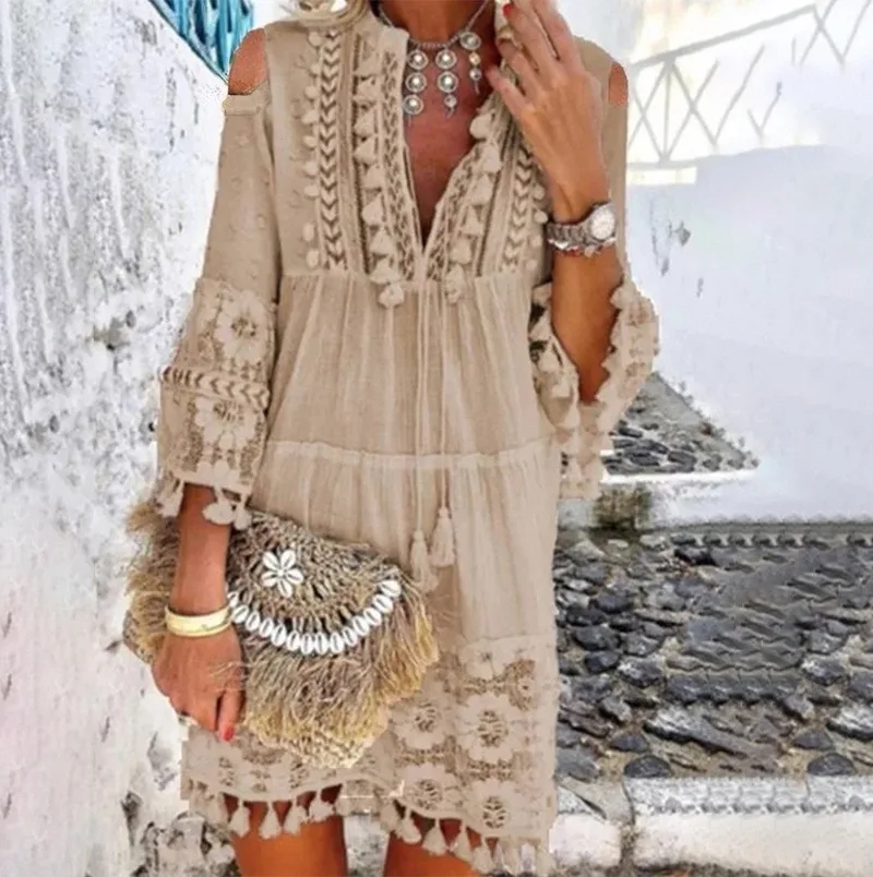 

WEPBEL Dress Women's Casual Stitching Lace Dress Spring Summer Solid Color V-neck Tassel Wrist Sleeve Embroidered Dress