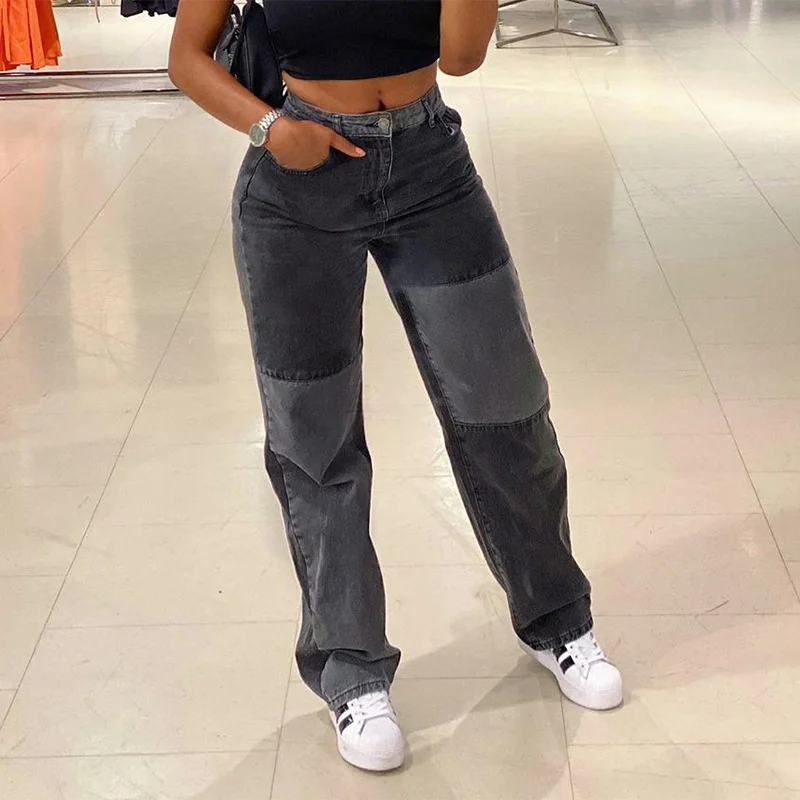 

Boyfriend Jeans for Women Loose Patchwork High Waist Trousers Pockets Female Mom Wide Leg Denim Pants Ripped Straight Jeans