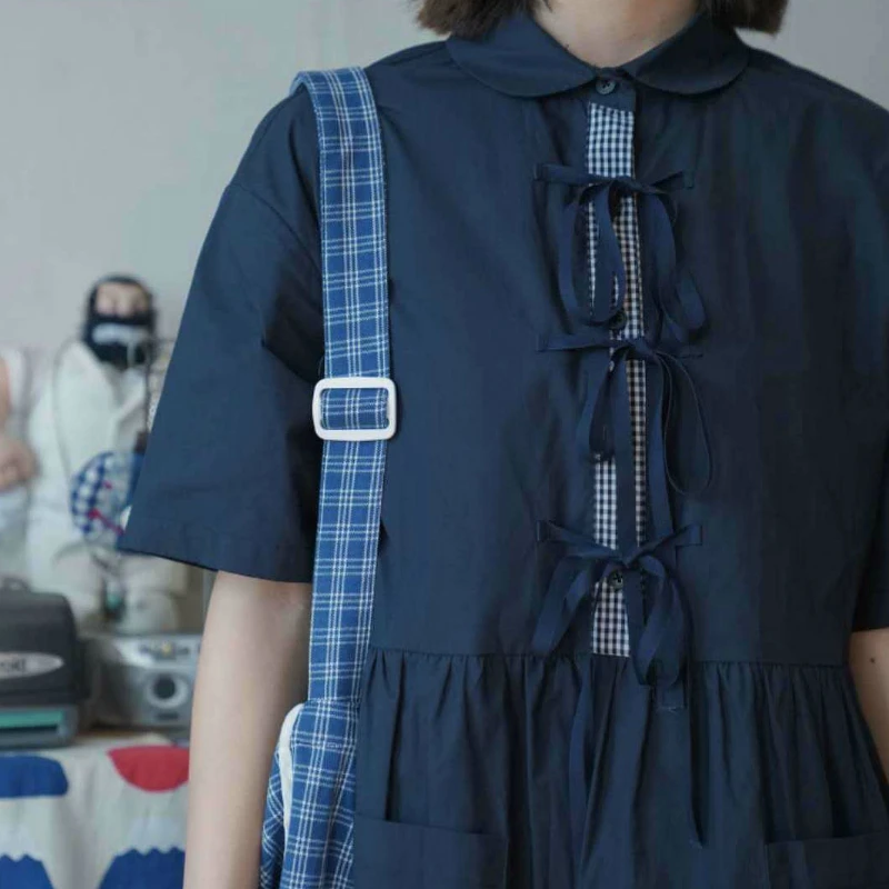 Dress Women Harajuku Patchwork Short Sleeve Bandage Baggy Preppy Style Summer Dresses Cute Girls Casual Midi Girlfriend Fashion | Женская
