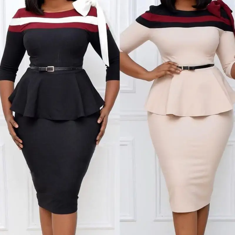 

Women's 2021 Spring And Summer O-neck Solid Color Casual Office 3/4 Sleeve Dress Elegant Commuter Matching Bow Belt Dresses 3xl