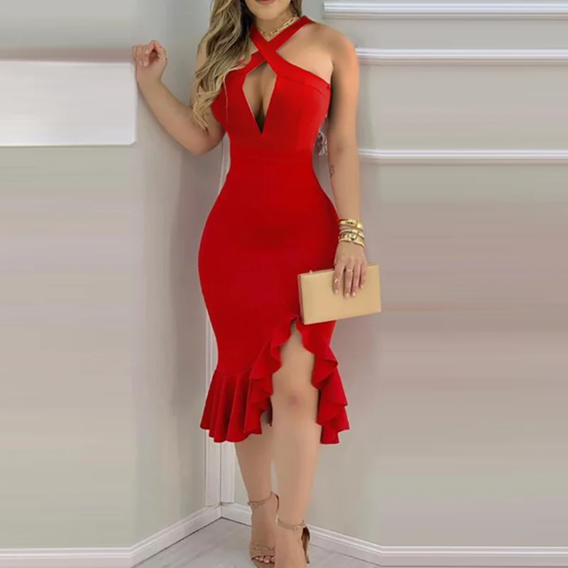 

Red sexy trousers dress, new summer cross hollow ruffled ladies dress