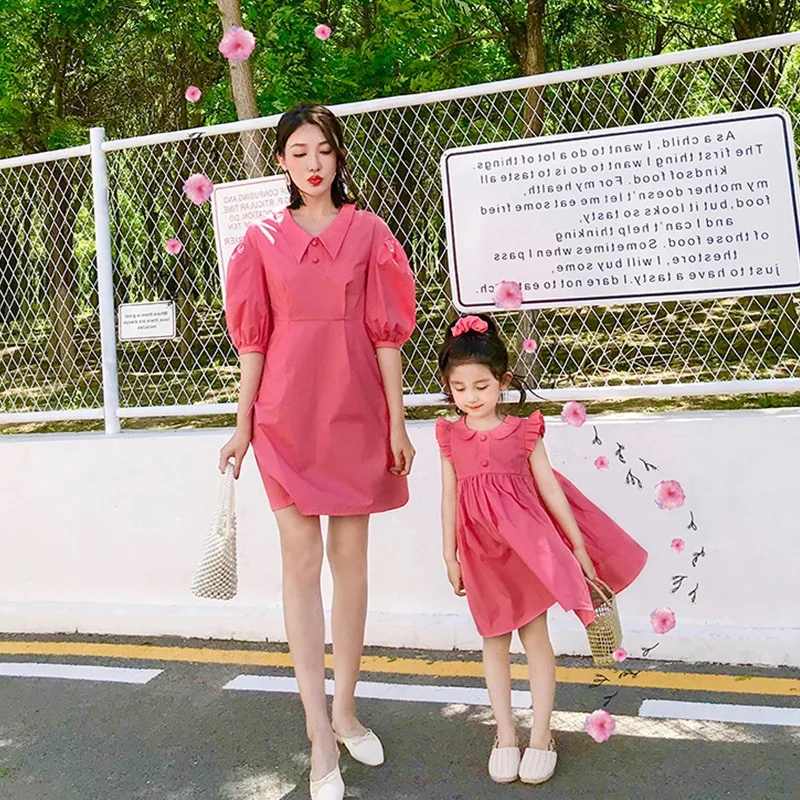 

New Sweet Pink Mommy Baby Dress 2021 Summer Mom and Daughter Dress Summer Family Look Matching Clothes Ruffled Mother Clothing