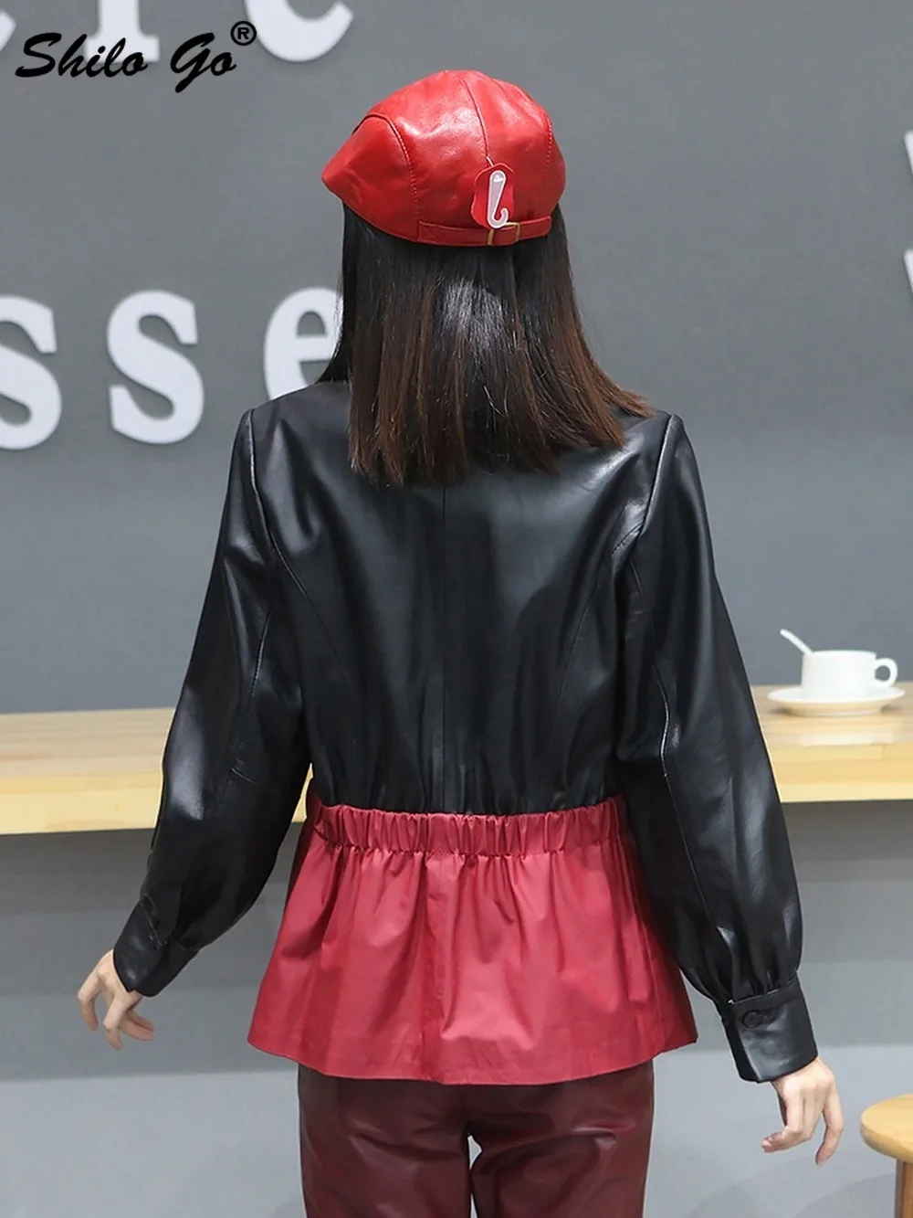 

High Street Color Block Single Button Elastic Waist Puff Sleeve Slim Blazer Women Office Lady Sheepskin Genuine Leather Coat