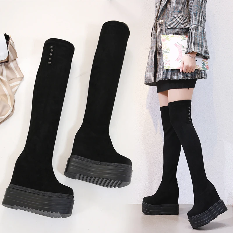 

Сапоги на высоком каблуке 14 см, женские зимние высокие сапоги на толстом каблуке, женские эластичные сапоги до колена, замшевые тонкие сапог...