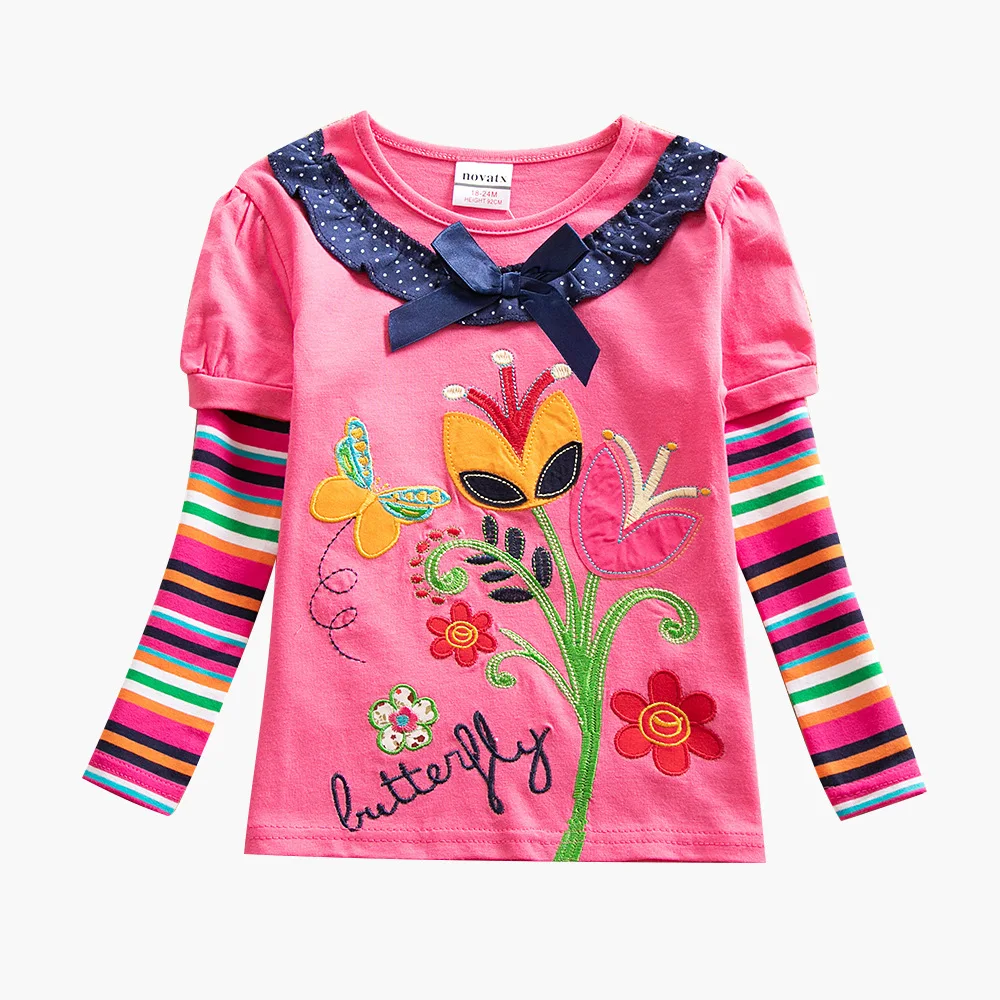 F5619D fuchsia Футболка с длинными рукавами для девочек с вышитыми бабочками; Новинка г.; Осенняя детская одежда для девочек; футболка; F932 - Цвет: F5619D fuchsia
