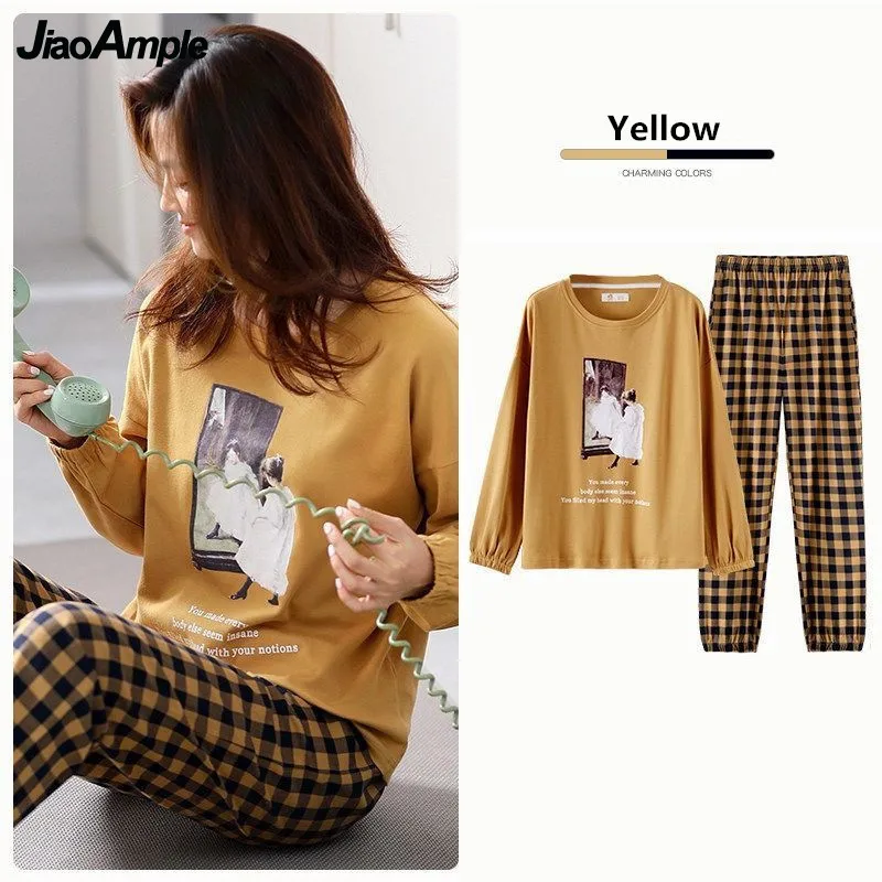 Sleepwear Women's Pajamas 2022 Spring Autumn New Plaid Long-sleeved Trousers Pijamas Two-piece Casual Nightie Home Clothes Suits