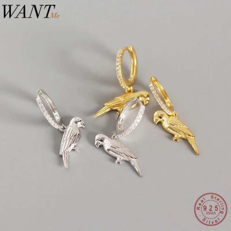 

WANTME Cute Sweet Animal Jewelry Drop Parrot Studs Earrings for Women Genuine 100% 925 Sterling Silver Fashion Accessory Gift